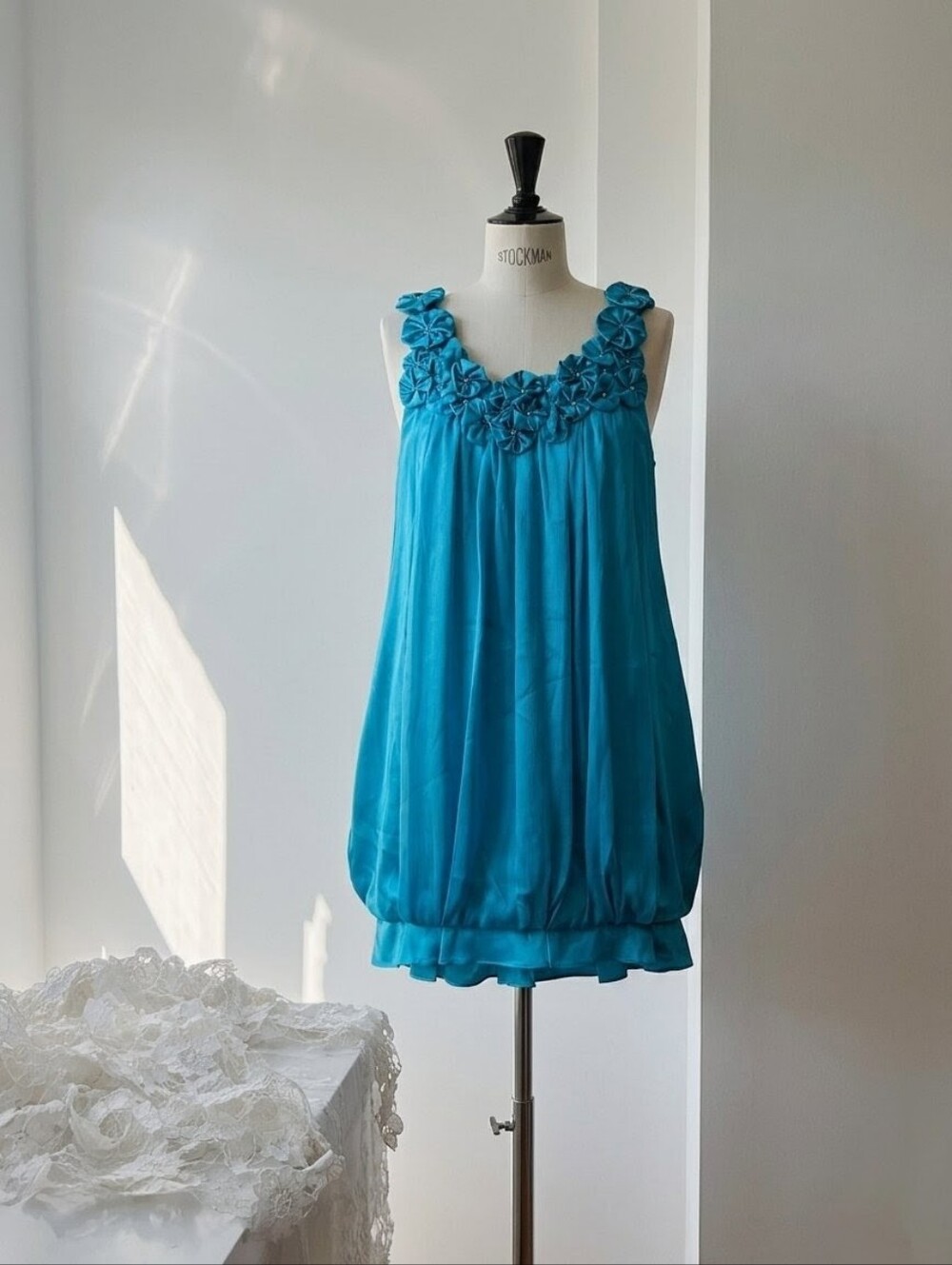 Vintage Turquoise Floral-Appliqué Sleeveless Women Dress